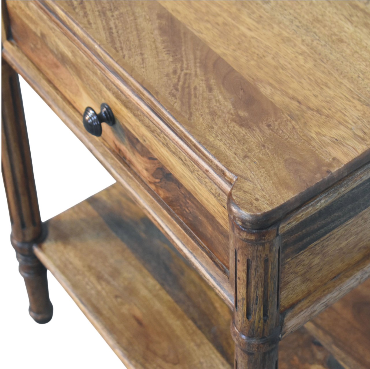 Solid Mango Wood Amber Oak Finished 1 Drawer Heritage Column Side Table - Image 7