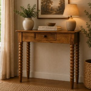 Solid Mango Wood Amber Oak Finished 1 Drawer Spindle Console Table