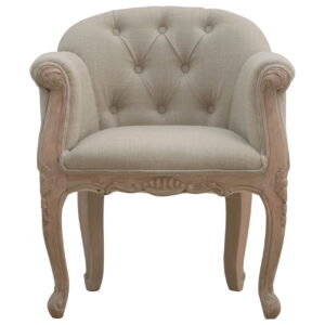 Solid Mango Wood French Carved Style Beige Linen Upholstered Armchair