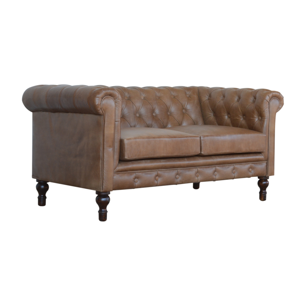 Solid Mango Wood Brown Leather Cushion Buttoned Chesterfield Two Seater Sofa with Walnut Finished Legs - Image 7