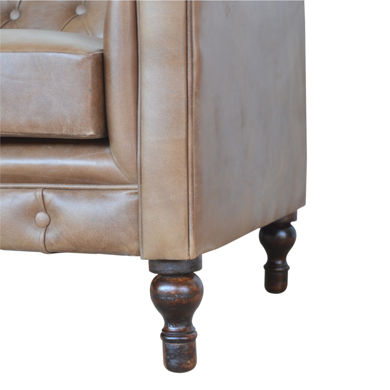 Solid Mango Wood Brown Leather Cushion Buttoned Chesterfield Two Seater Sofa with Walnut Finished Legs - Image 4