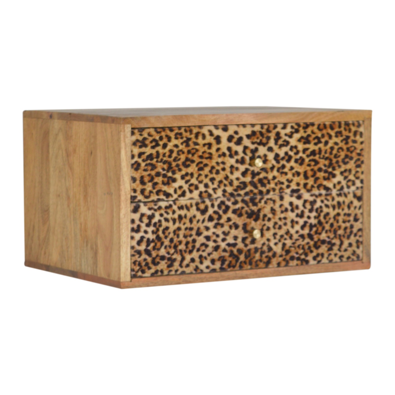 Solid Mango Wood Oak Finished Wall Mounted Leopard Print Front 2 Drawer Bedside - Image 3