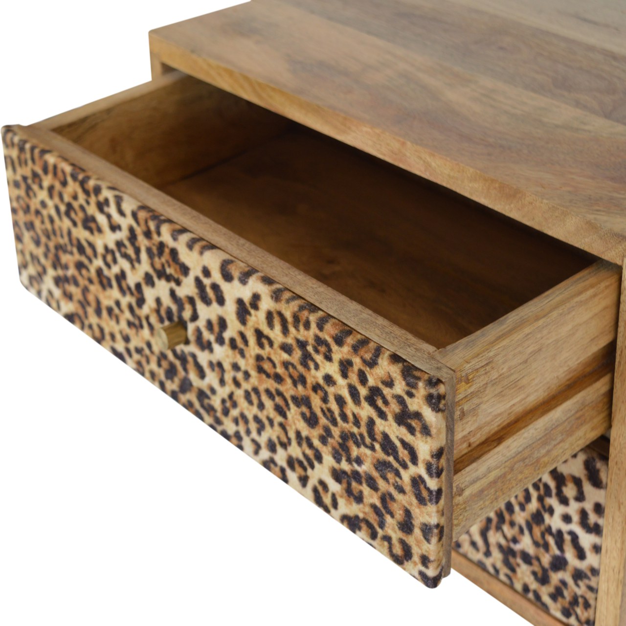 Solid Mango Wood Oak Finished Wall Mounted Leopard Print Front 2 Drawer Bedside - Image 6