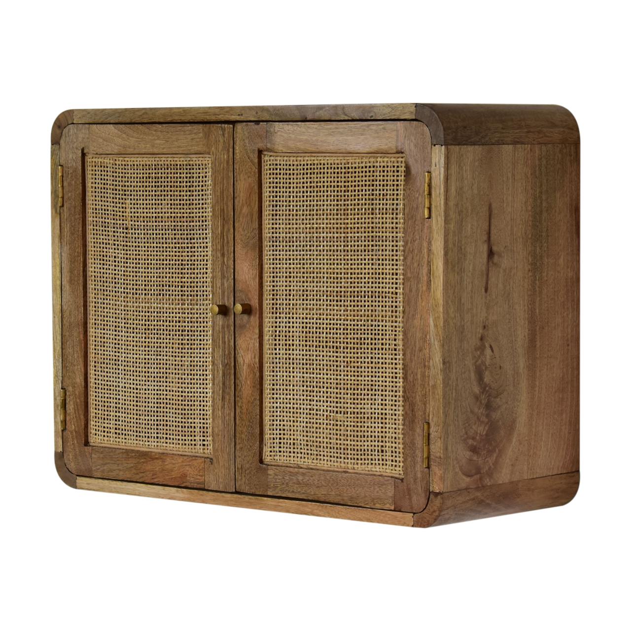 Solid Mango Wood Grey Wash Finished 2 Door Floating Woven Cabinet - Image 3