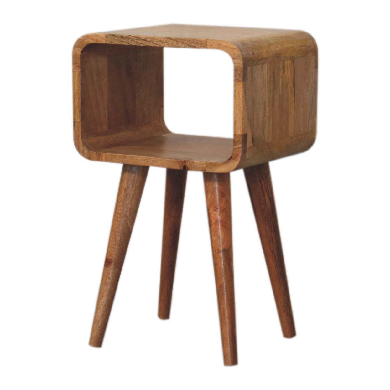 Solid Mango Wood Oak Finished Curved Open Bedside - Image 3