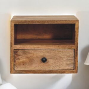 Solid Mango Wood Solis 1-Drawer Oak-ish Wall Mounted Nightstand