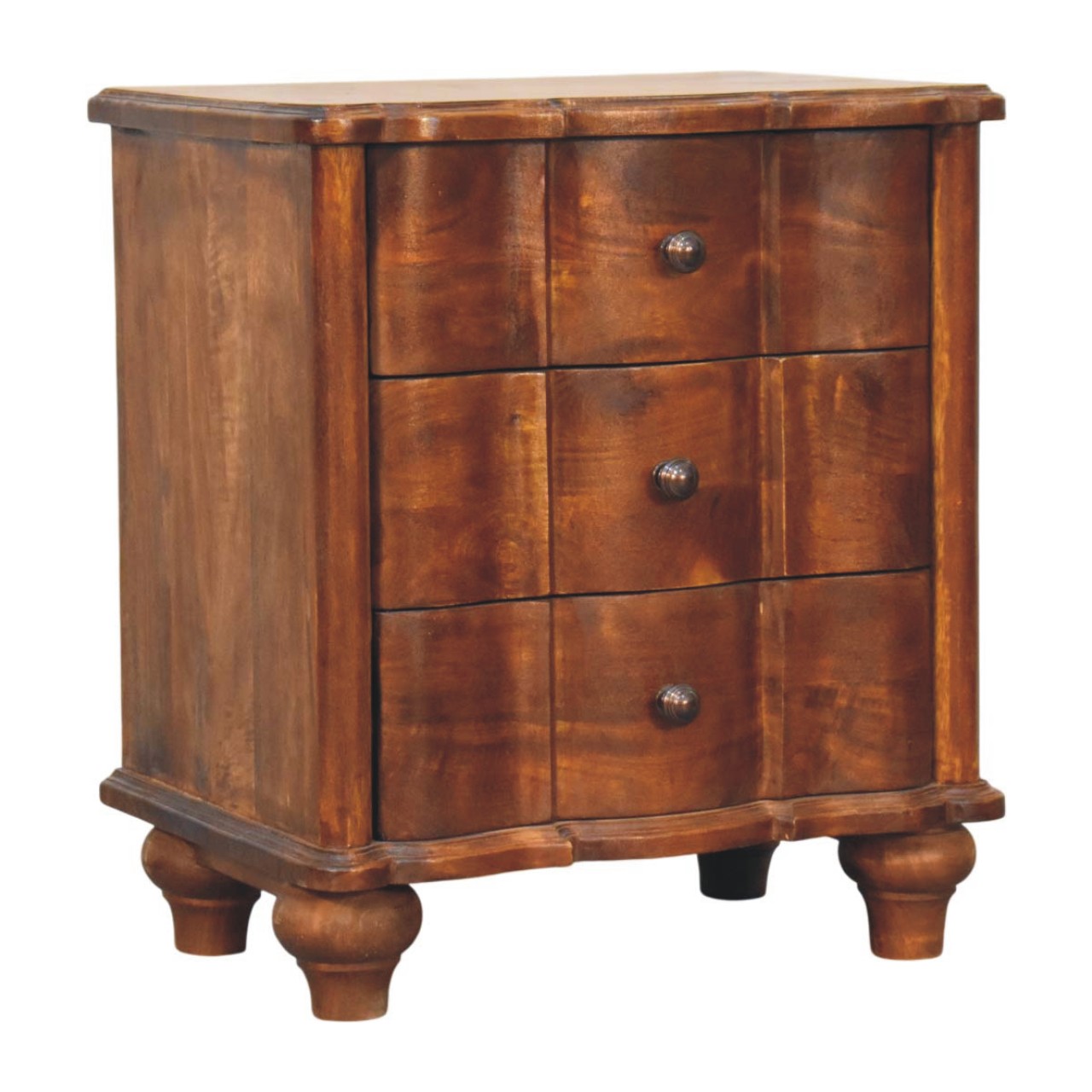 Solid Mango Wood Chestnut Finished Lume Panel 3 Drawer Bedside Table - Image 3