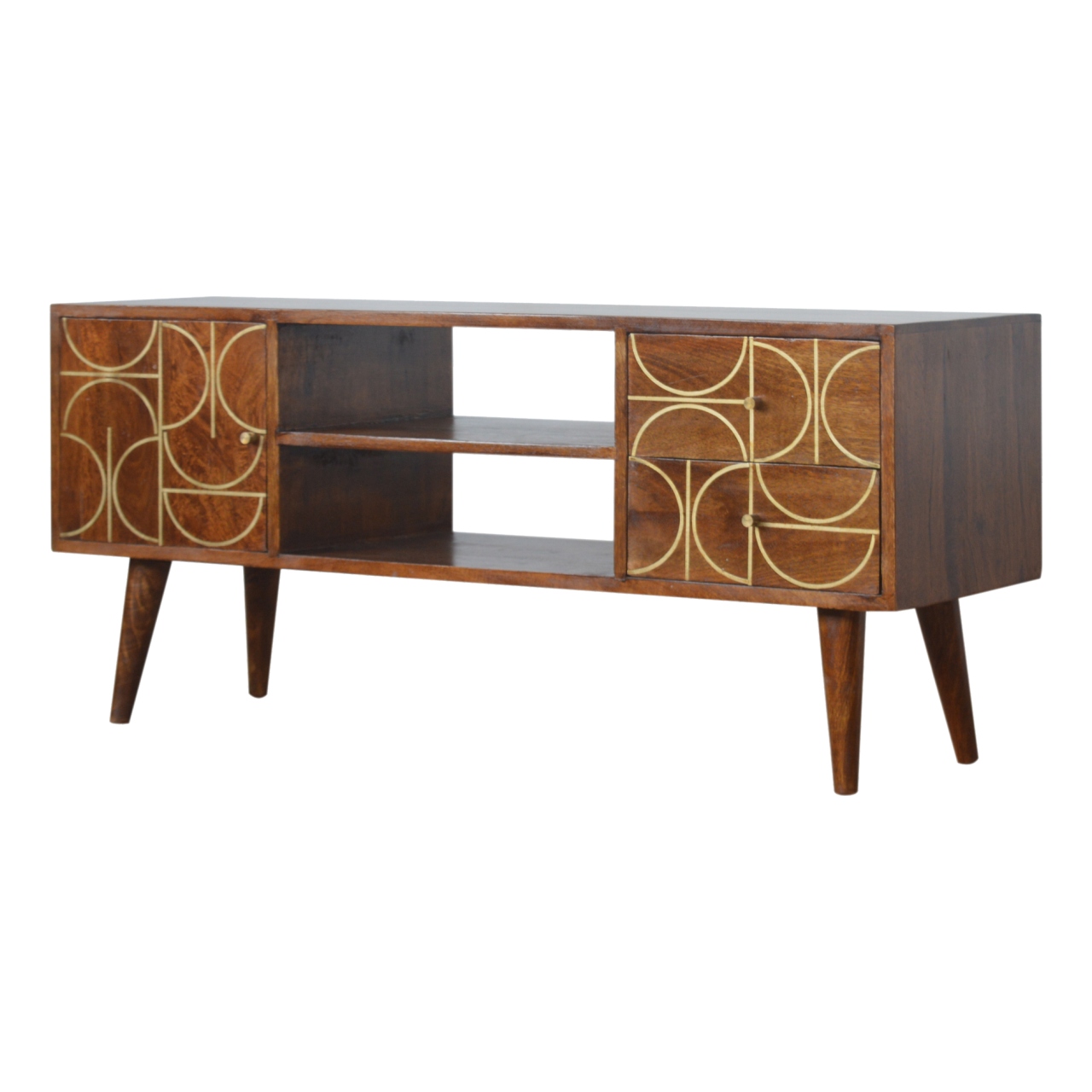 Solid Mango Wood Chestnut Finished Gold Coloured Inlay 2 Slots 2 Drawer 1 Door Media Unit - Image 2