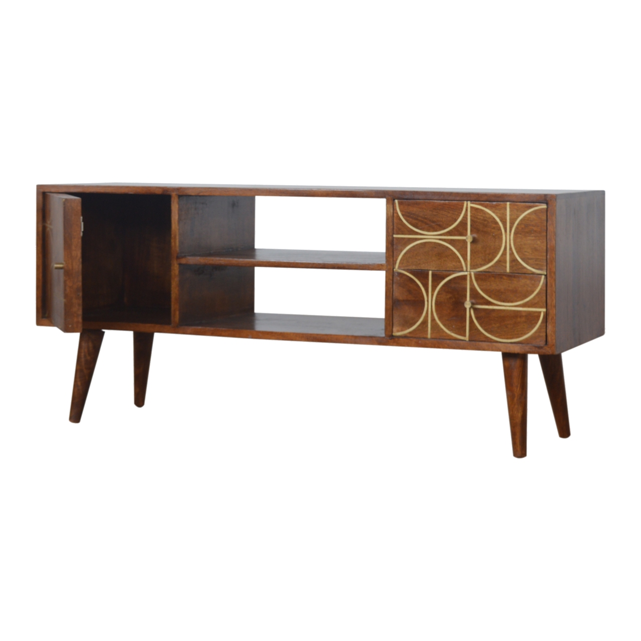 Solid Mango Wood Chestnut Finished Gold Coloured Inlay 2 Slots 2 Drawer 1 Door Media Unit - Image 3
