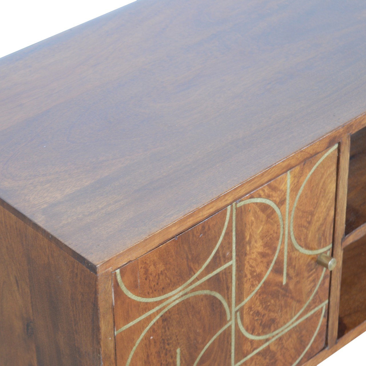 Solid Mango Wood Chestnut Finished Gold Coloured Inlay 2 Slots 2 Drawer 1 Door Media Unit - Image 5