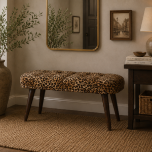 Solid Mango Wood Walnut Finished Leopard Print Cotton Velvet Deep Button Bench