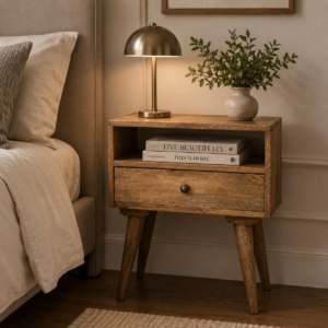 Solid Mango Wood Oak Finished 1 Drawer 1 Slot Modern Bedside