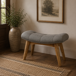 Solid Mango Wood Oak Finished Grey Tweed Upholstered Bean Shaped Footstool
