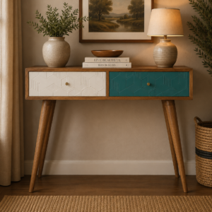 Solid Mango Wood Oak Finished White and Teal Painted 2 Drawer Console Table