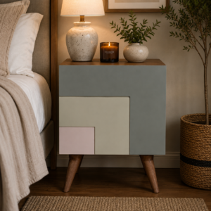 Solid Mango Wood Natural Finished 3 Tone Quebec Green 1 Door Bedside
