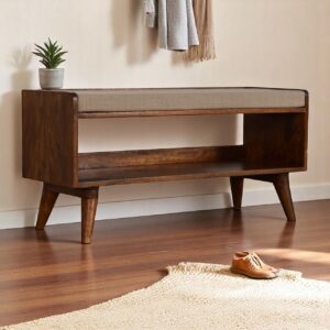 Solid Mango Wood Chestnut Finished Beige Linen Cushioned Bench
