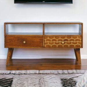 Solid Mango Wood Chestnut Finised 2 Drawer 2 Slot Brass Pattern Drawer Media Unit