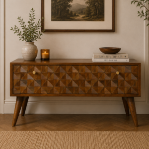 Solid Mango Wood Chestnut Finished 2 Drawer Diamond Carved Storage Bench