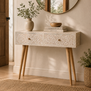 Solid Mango Wood Light Taupe Oak Finish Bone Inlay 2 Drawer Console Table